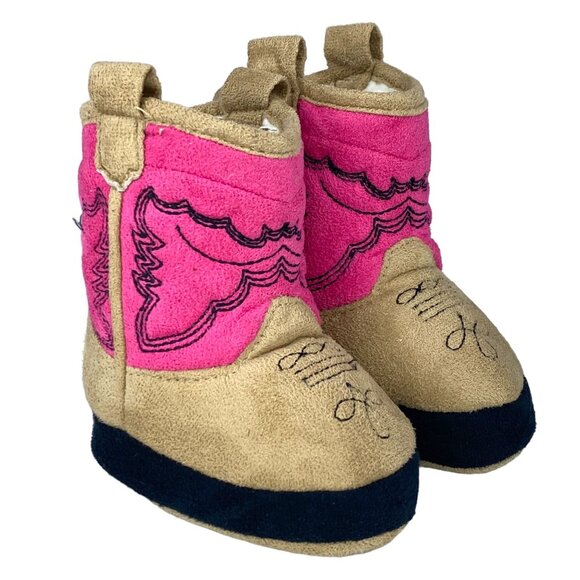 Lazy One Baby Girl Size XS Infant 1-3 Pink and Brown Cowgirl Boots Fizzy Lining - Picture 1 of 14